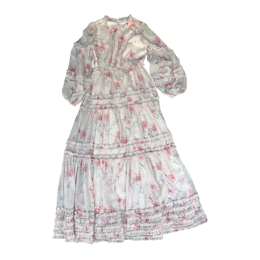 Ivy City Co Floral Tiered Maxi Dress Pink Cream Ruffle Smocked Long Sleeve S - Picture 1 of 6